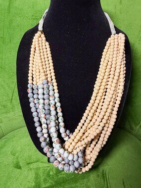 Anthropologie Serefina Howland Beaded Layered Necklace Blue Cream Pink NWOT Boho